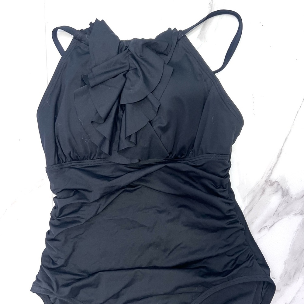 DKNY Black Classic One Piece halter swimsuit ruffle front‎ detail 6 - Picture 4 of 9